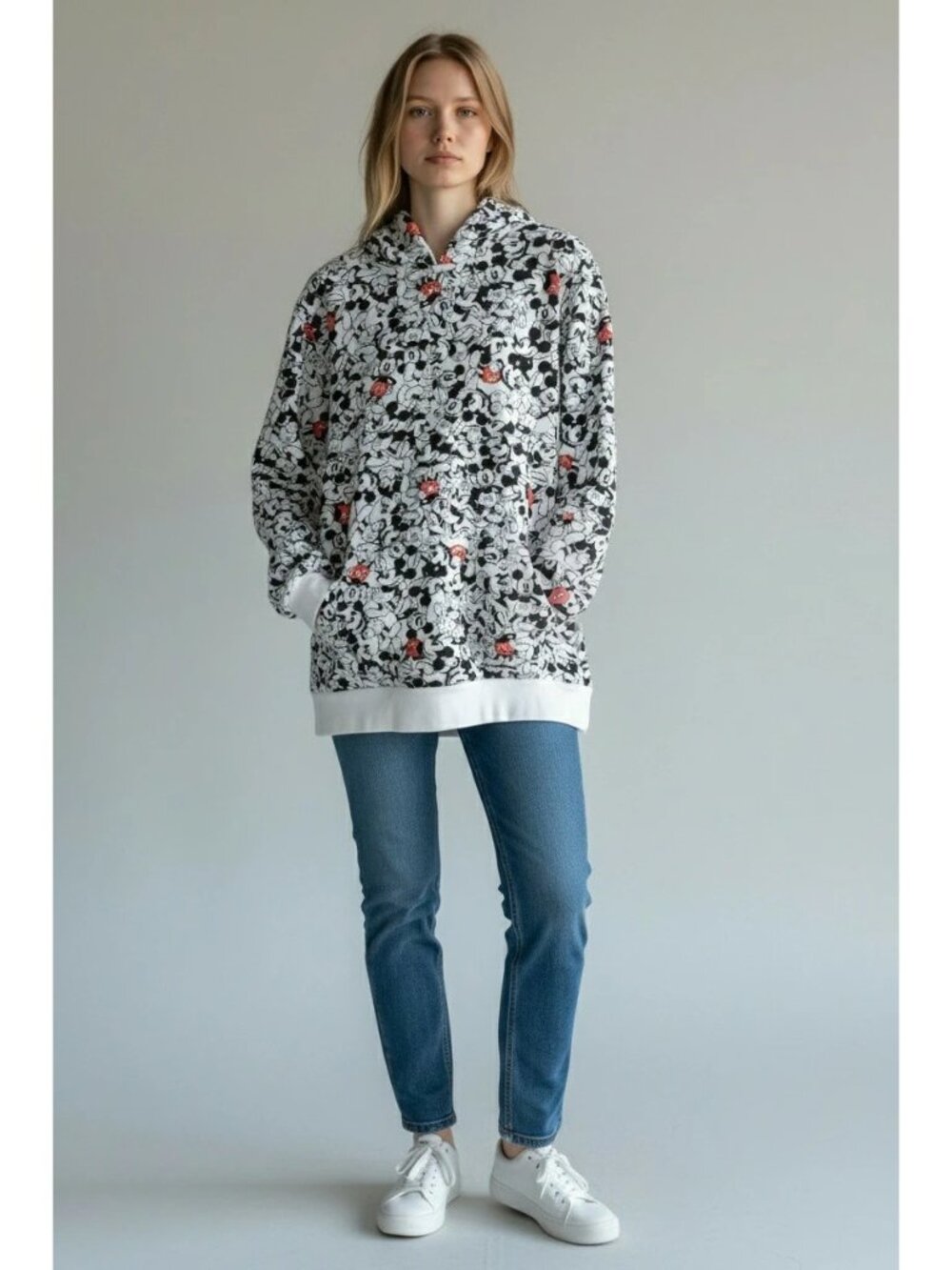 Disney Mickey Mouse Allover Print Women Hoodie White & Black /Red Accents Large